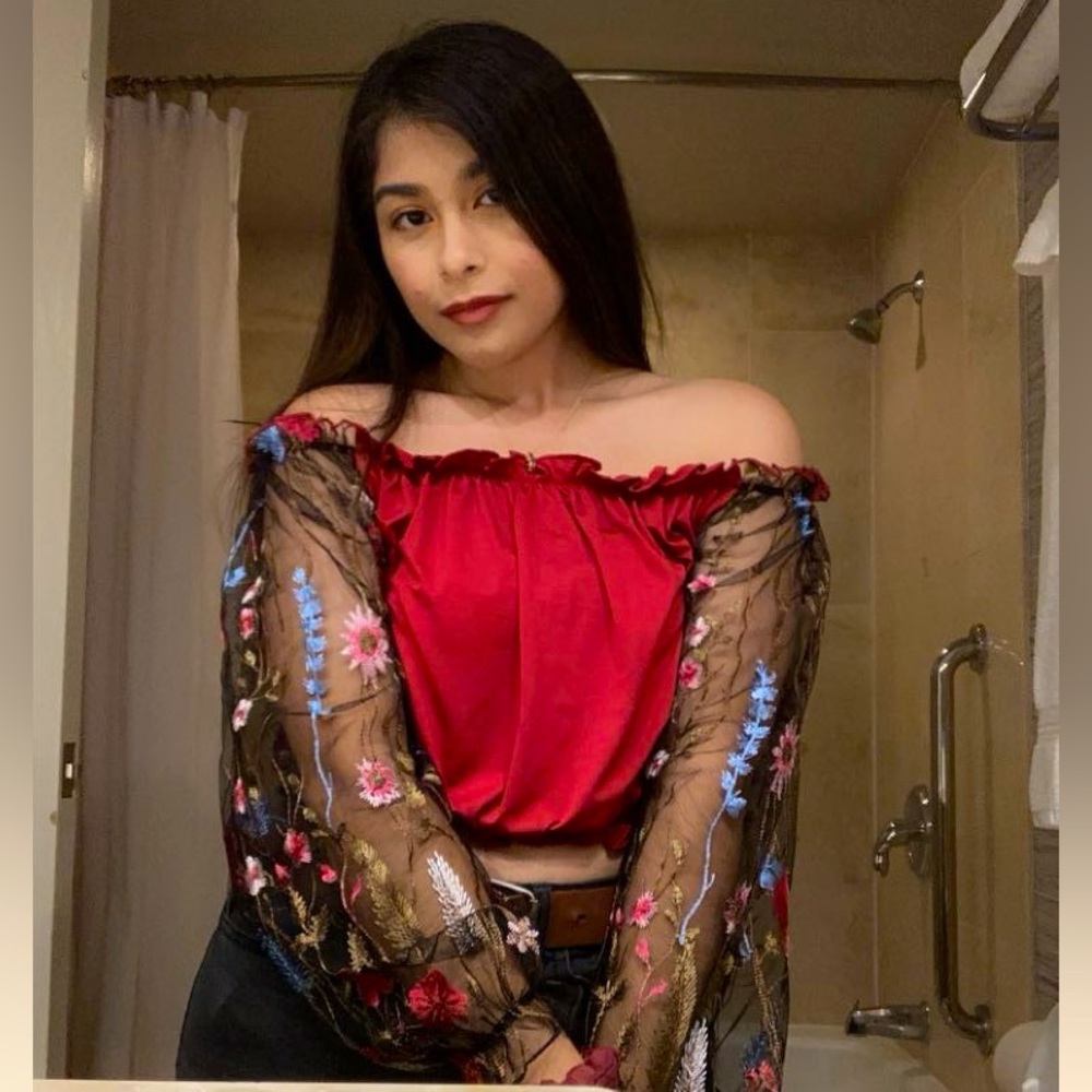 Product: red floral mesh off the shoulder blouse